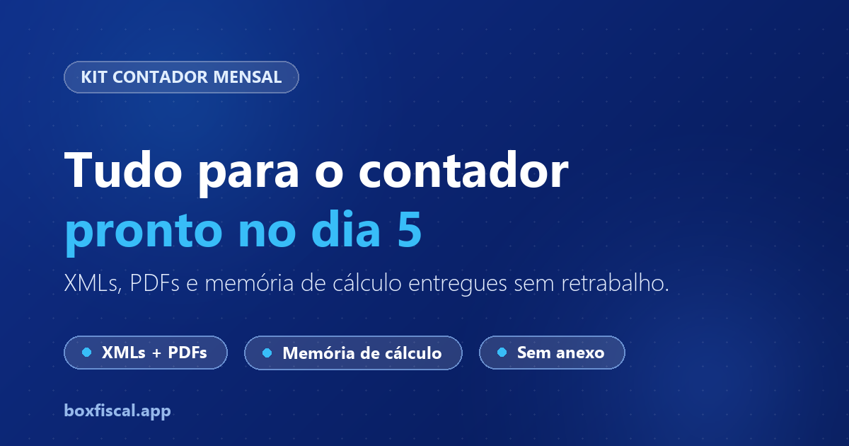 Kit Contador Mensal do BoxFiscal entregue no dia 5: XMLs, PDFs e memória de cálculo