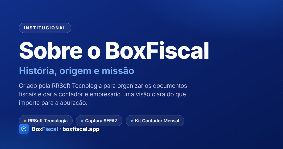 Card institucional azul-marinho do BoxFiscal: Sobre o BoxFiscal — história, origem e missão, criado pela RRSoft Tecnologia